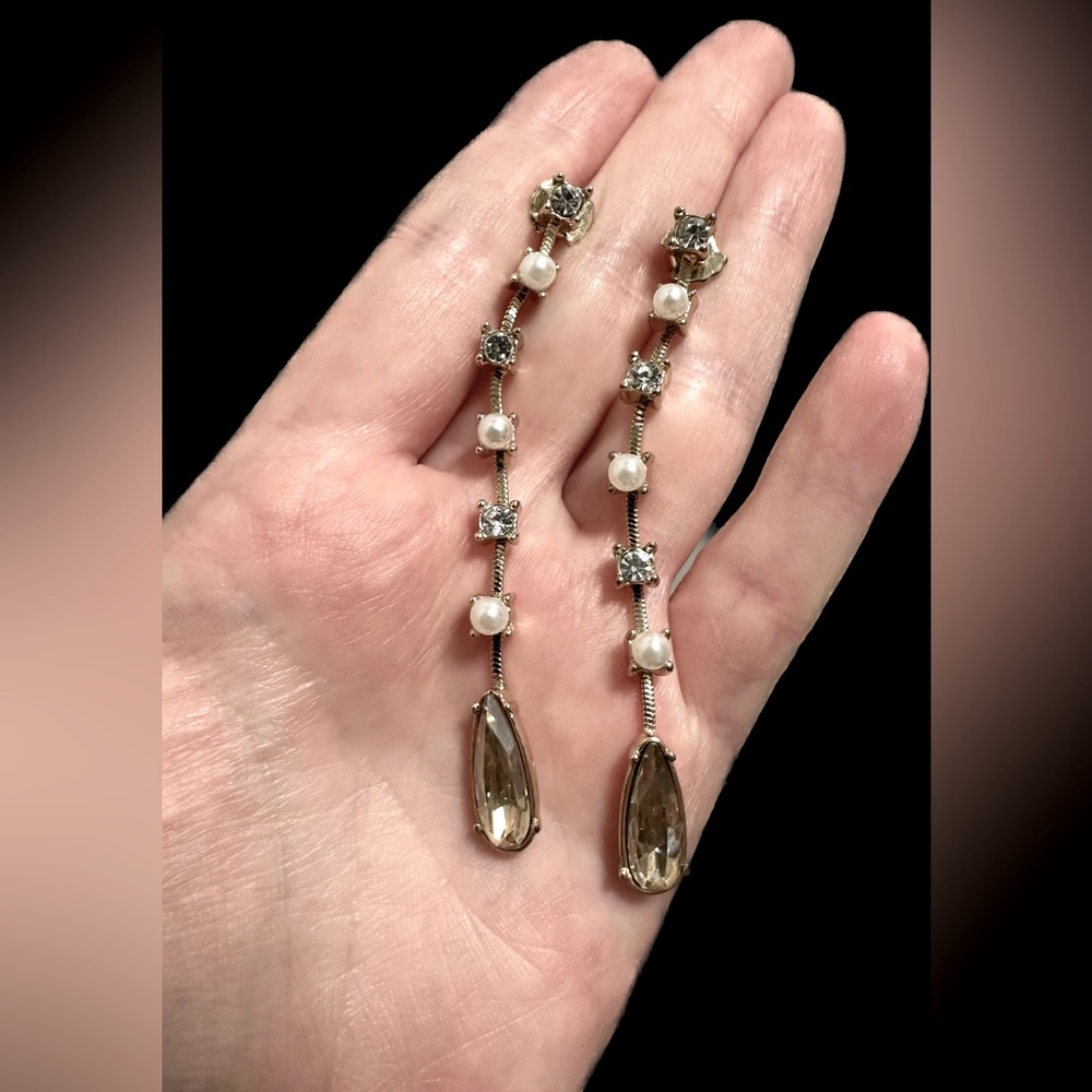 Pearl and Cz long drop earrings